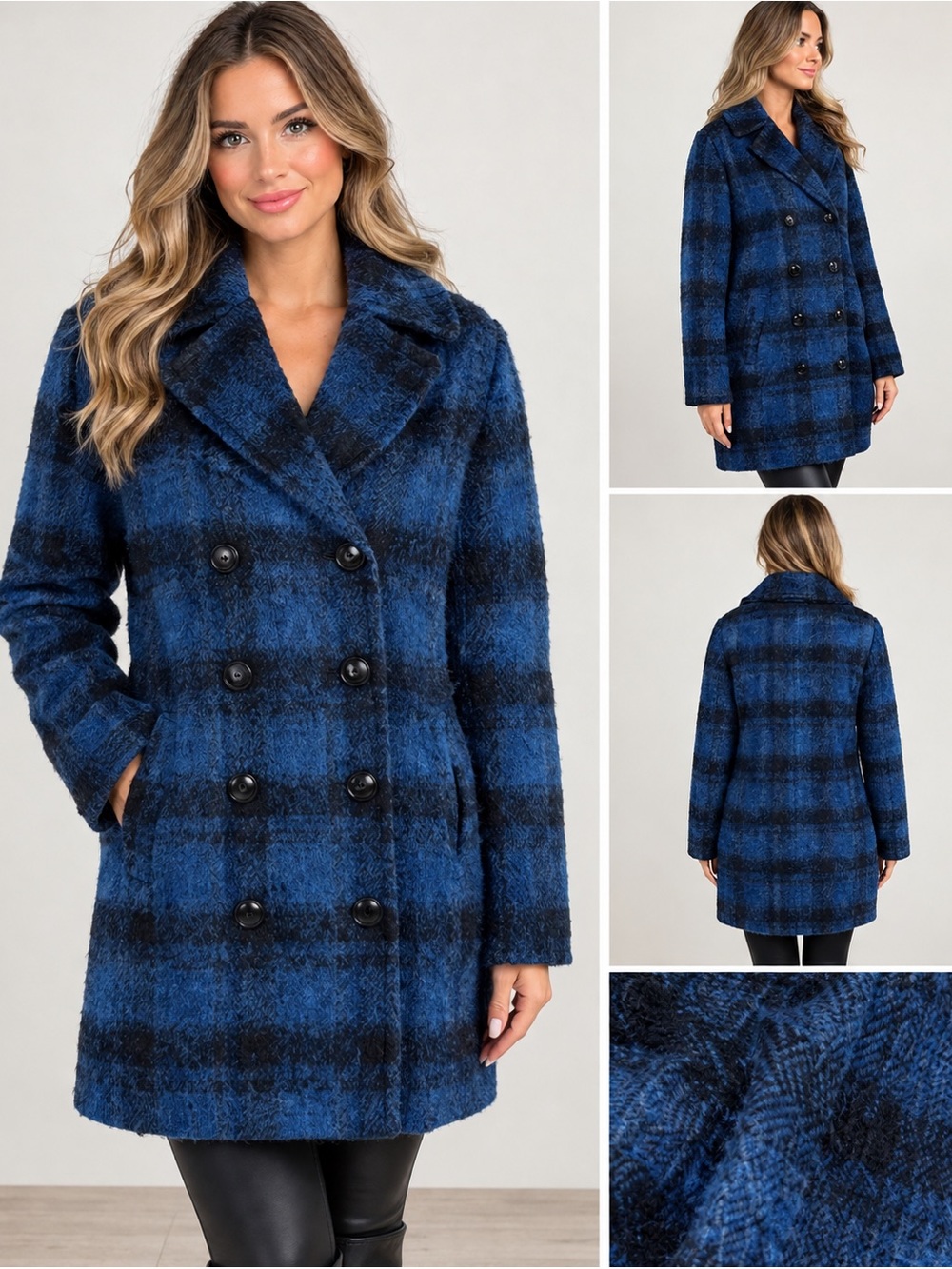 COACH Wool Black & Blue Plaid Double Breast Peacoat Coat New‎ with tags